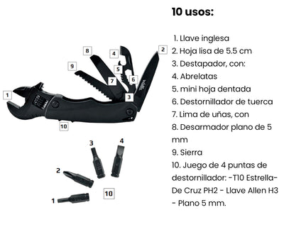 Multiherramienta llave inglesa, de 10 usos, mango aluminio y funda