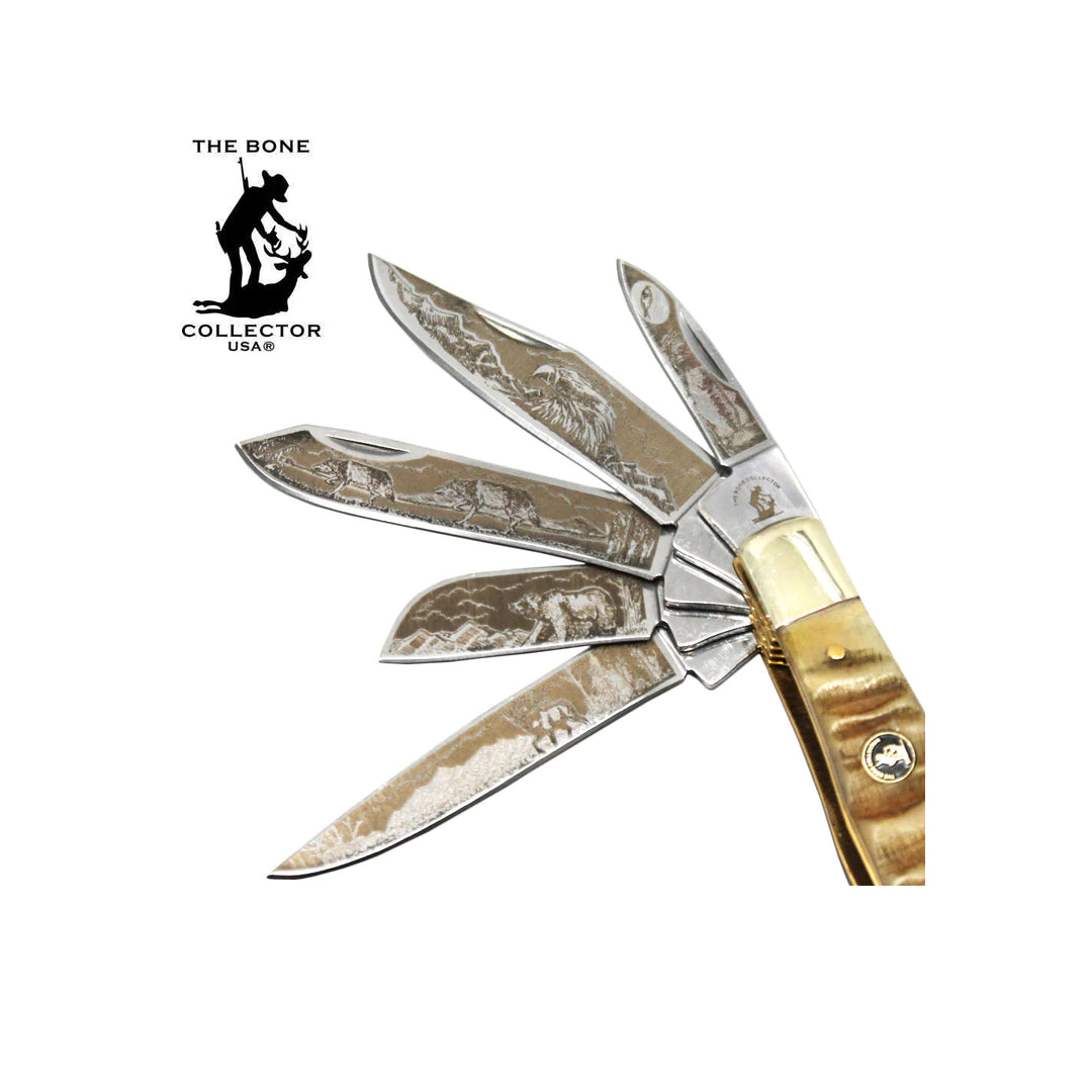 NAVAJA BONE COLLECTOR 5 HOJAS DE 4" ETCHED RAM HORN
