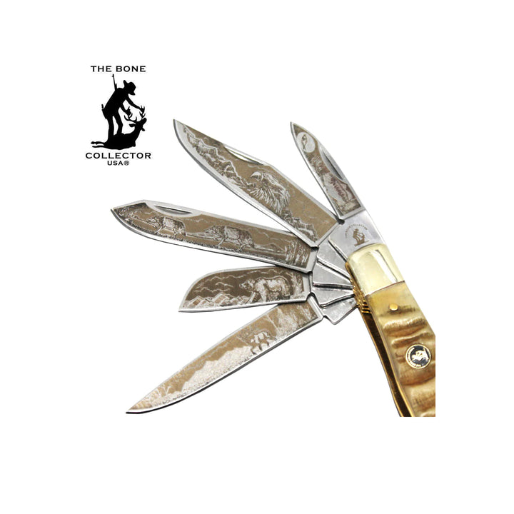 NAVAJA BONE COLLECTOR 5 HOJAS DE 4" ETCHED RAM HORN