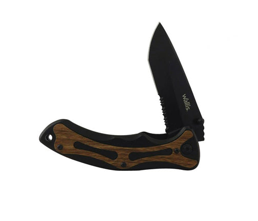 Navaja de Bloqueo con Mango tipo madera hoja negro, de 8.5 cm sierra