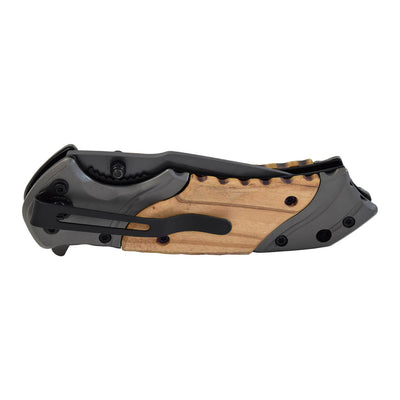 Navaja de acero inoxidable con inserto madera y clip dureza 54-56