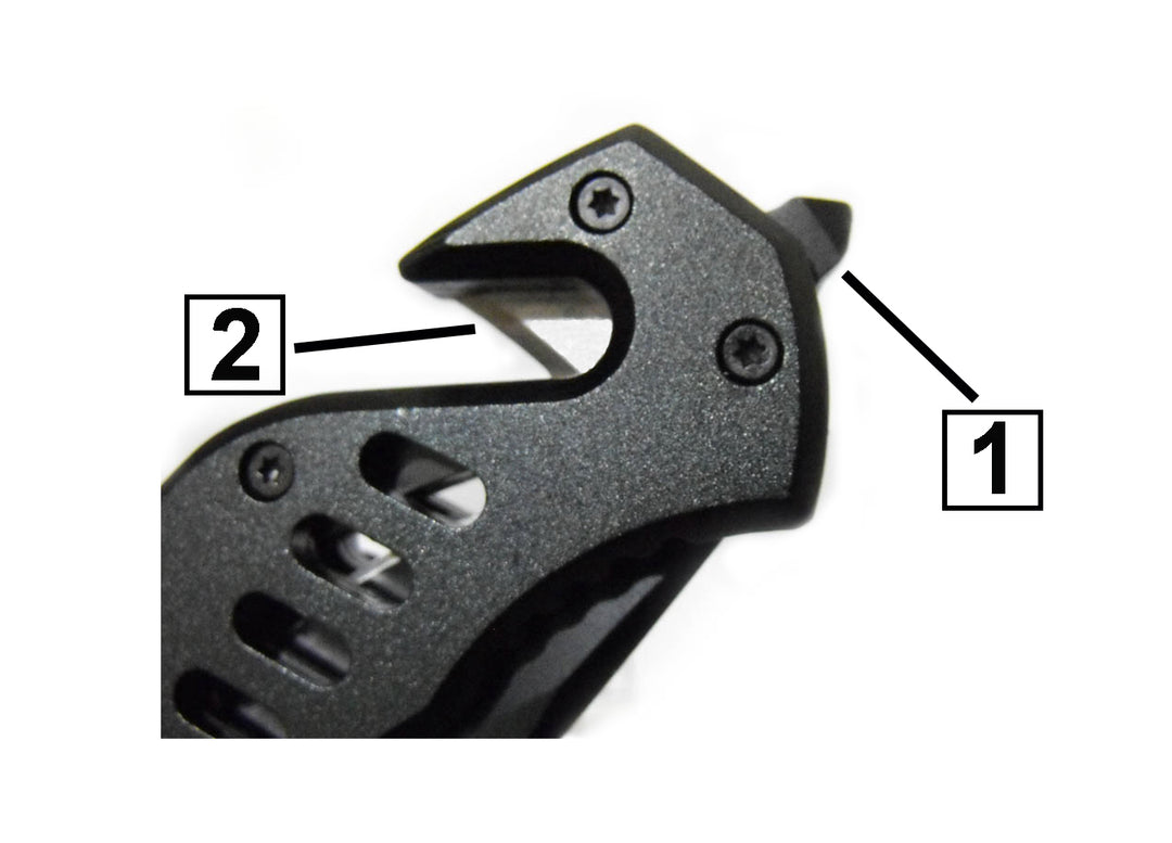 Navaja negra serrada rompe cristal y corta cinturón