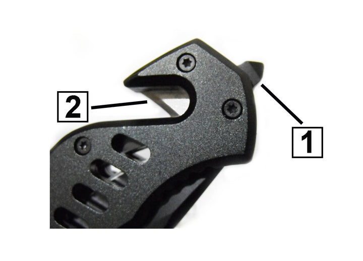 Navaja negra serrada rompe cristal y corta cinturón