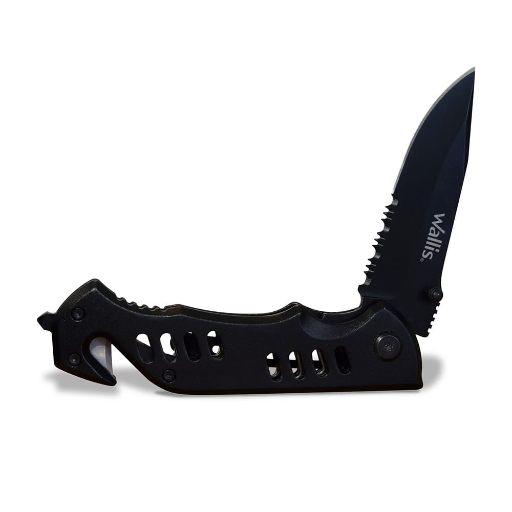 Navaja negra serrada rompe cristal y corta cinturón