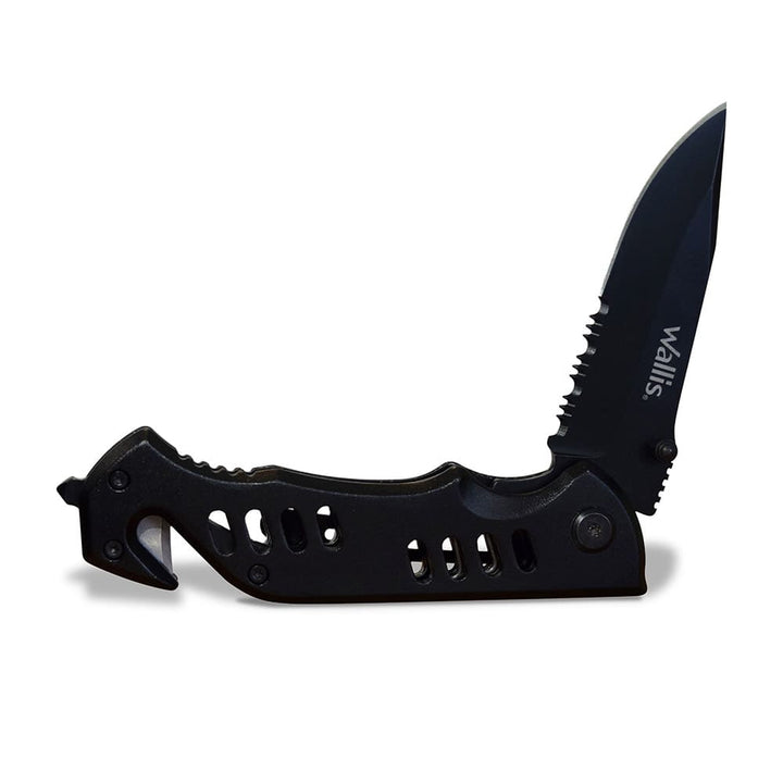 Navaja negra serrada rompe cristal y corta cinturón