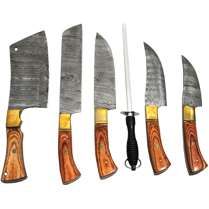 SET DE CUCHILLOS CARNICERO ACERO DAMASCO BROWN WOOD HANDLE